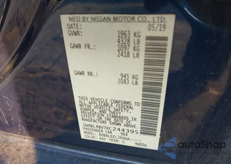 2019 Nissan Altima 2.5 S z USA, uszkodzony, nr VIN 1N4BL4BV7KC244395